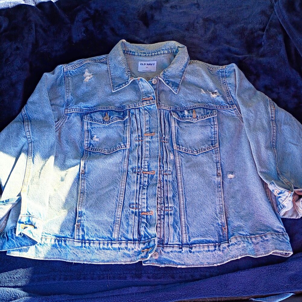 Old Navy Women's Oversized Boyfriend Blue Denim Jean Jacket Button Pockets 2X
